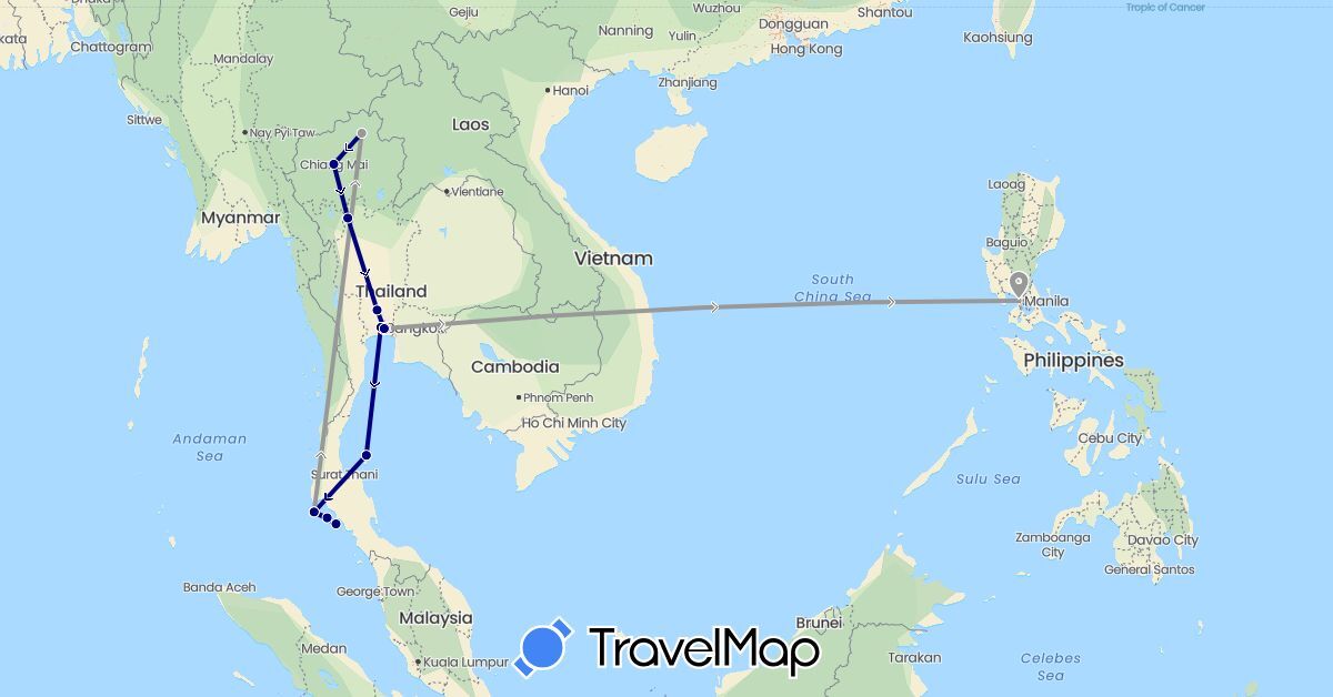TravelMap itinerary: driving, plane in Philippines, Thailand (Asia)